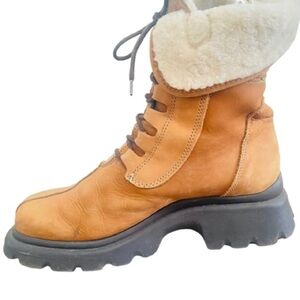 ALDO TAN SHERLING WOOL LACE UP BOOTS SIZE 39 MADE IN ITALY BLOCK HEELS